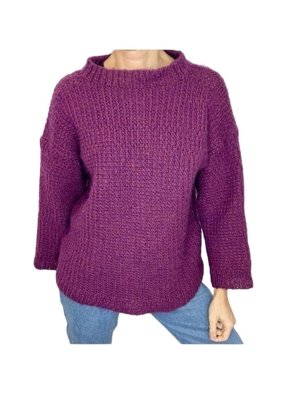 Handmade purple magenta mock neck boxy knit sweater
